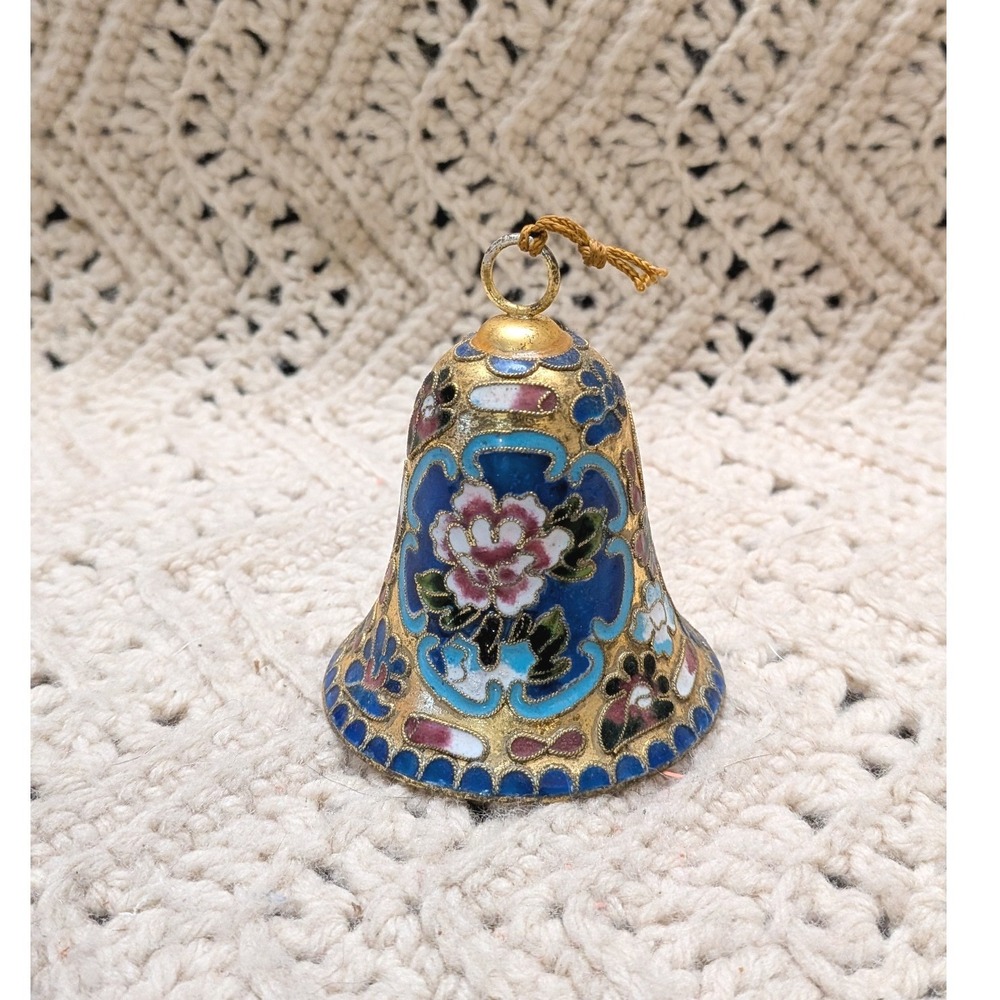 Vintage Cloisonne Enamel Floral Bell Gold Tone Blue Pink Peony Decorative 3"